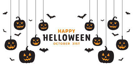 vector illustration of Halloween Celebration With Jack O'Lanterns and Bats on White Background