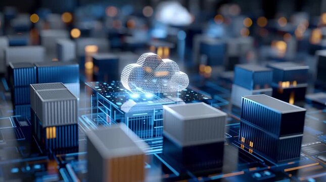 Hybrid Cloud Solution. Digital cloud and containers symbolize modern IT infrastructure.