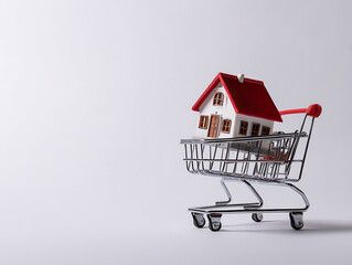 Model Home with Red Roof in Cart on White Background – Mortgage and Property Investment Theme

