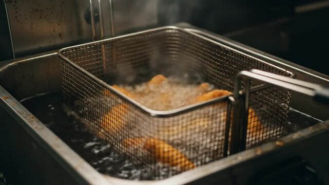Close-up of food frying &ndash; sizzling texture and golden surface with hot oil bubbles
