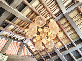 Charming overhead light fixtures illuminate a rustic wooden ceiling in a cozy meeting space