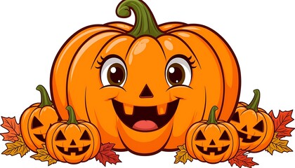 Happy halloween pumpkin character smiling with little carved pumpkins and autumn leaves decoration, ideal for greeting cards, invitations, posters, prints