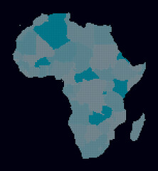 Africa dotted map. Digital style map of the continent on dark background. Africa shape with circle dots. Colored dots style. Small size circles. Creative vector illustration.