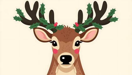 Christmas reindeer wearing holly crown with red berries on antlers looking at viewer, cute festive illustration