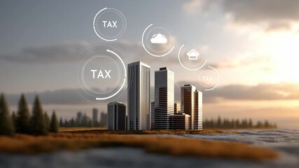 Global urban city skyline with modern skyscraper buildings showcasing global taxation and finance concepts featuring digital tax icons at sunset - Powered by Adobe