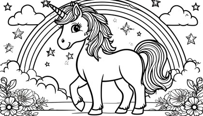 Beautiful unicorn walking under rainbow with flowers and stars, fantasy coloring page for kids and adults
