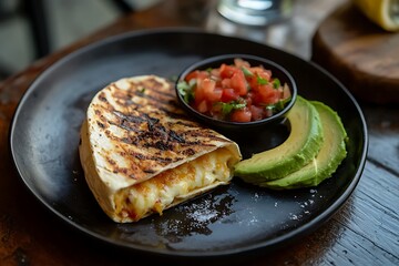 A dark wood table with cheese-filled tacos, grilled golden brown, served with tomato salsa and avocado slices