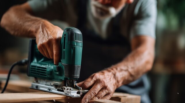 Close up shot of senior man using jigsaw for woodworking project at home