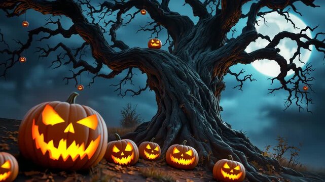 Spooky halloween scene with glowing jack o lanterns under a full moon