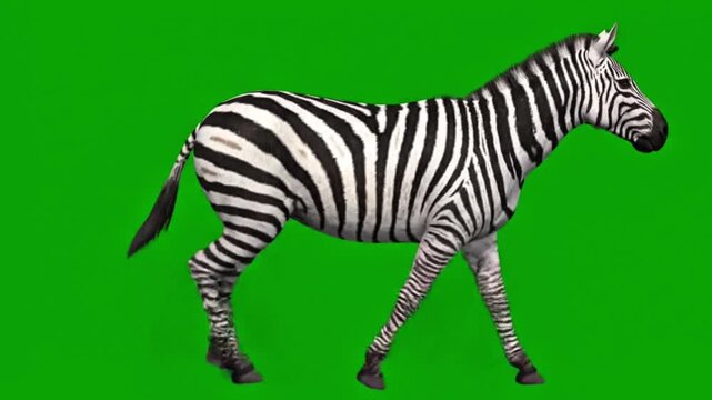 A realistic zebra walking gracefully in profile view, isolated on a vivid green screen background, ideal for video compositing or wildlife-themed projects.