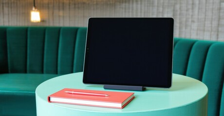 Fototapeta premium Modern interior. Tablet rests on table near notebook, pen. Green booth seating visible. Minimalist aesthetic, clean lines, muted tones.