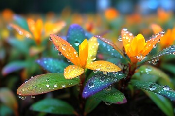 Close-Up of Dew-Covered Flowers with Vibrant Colors Against a Dark Background