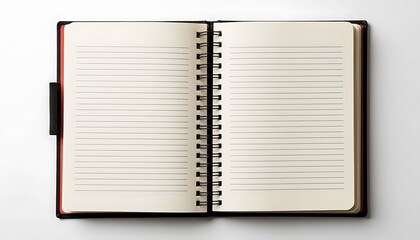 Open spiral notebook resting on a clean white background, showcasing a practical bookmark ribbon for easy navigation between pages