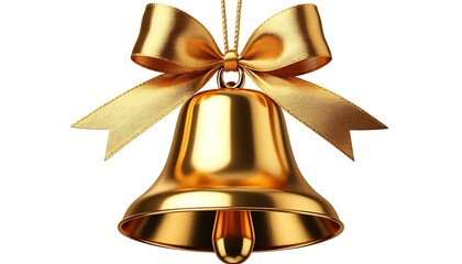 Hanging golden Christmas bell adorned with a shimmering gold ribbon bow, isolated against a pristine white background, exuding festive charm
