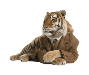 Obraz premium Tiger in a suit posing elegantly animal artistic style isolated on transparent background, png