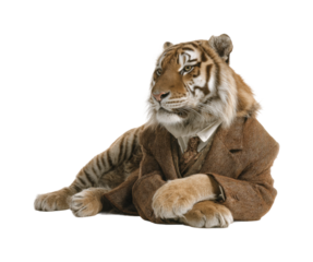 Tiger in a suit posing elegantly animal artistic style isolated on transparent background, png