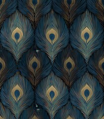 seamless art deco peacock feather pattern in gold and navy blue