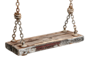 Child playing on old wooden swing set in backyard recreation joyful scene isolated on transparent background, png