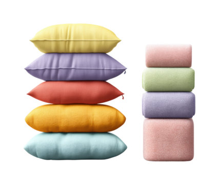 Decorative pillows stacked in vibrant colors cozy living room home warm ambiance isolated on transparent background, png