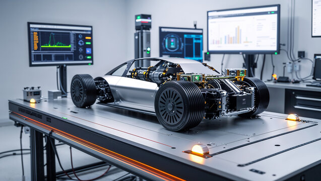 Electric Vehicle Platform Testing in High-Tech Laboratory