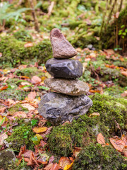 Cairn sur un lit de torrent asséché dont le sol est recouvert de mousse et de feuilles