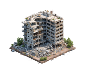 Destructive building collapse urban environment model abandoned site aerial view disaster isolated on transparent background, png