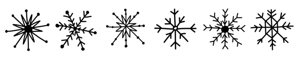 Snowflake doodle sketch hand drawn illustration set isolated on white. Decoration simple vector element for holiday postcard design. 