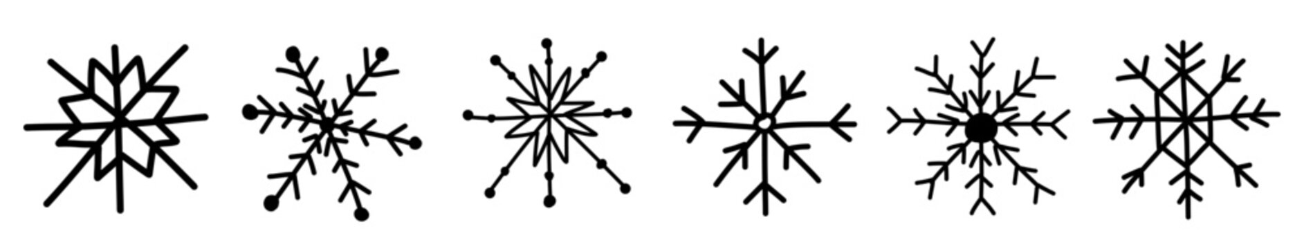 snowflake doodle sketch hand drawn illustration set isolated on white. Decoration simple element for holiday postcard design. 