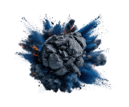 Explosive eruption of rock debris digital abstract high contrast isolated on transparent background, png
