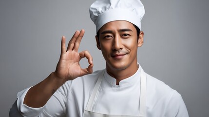 Confident asian chef making ok sign and smiling against a grey background