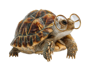 Curious turtle wearing glasses animal whimsical isolated on transparent background, png