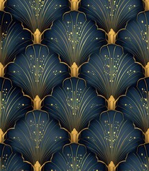 seamless art deco peacock feather pattern in gold and navy blue