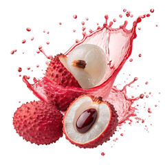 Fresh lychee fruit splash with juice isolated on transparent background