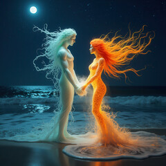 Elemental Love: Spirits of Fire and Water on a Moonlit Beach
