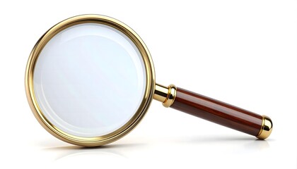 A classic gold-rimmed magnifying glass with a wooden handle, isolated on a white background. A concept for search, analysis, and discovery.
