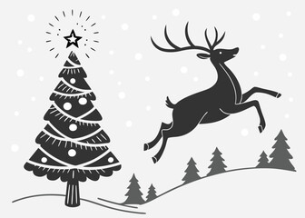 Festive Christmas scene with a leaping reindeer and decorated tree Keywords: christmas, reindeer, deer, leaping, jumping, silhouette, black, white, winter, snow, snowflakes, landscape, trees, pine
