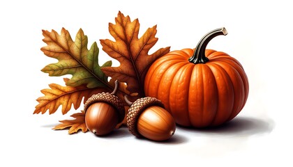Ripe pumpkin, two acorns and some dry oak leaves are composing a beautiful autumn still life on a white background
