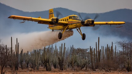 Yellow firefighting aircraft spraying water over a desert landscape.