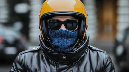 Close-up of a person wearing a bright yellow motorcycle helmet and dark blue knitted face mask.