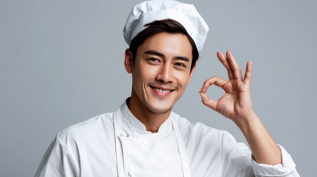 Confident male chef giving okay sign on grey background, professional success