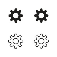 Flat gear icons in multiple styles representing settings, mechanical configuration, and tools for apps or technical interfaces.