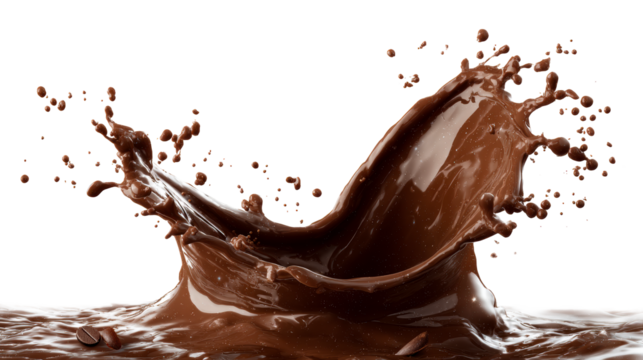 Chocolate splash creating dynamic patterns in a transparent backdrop