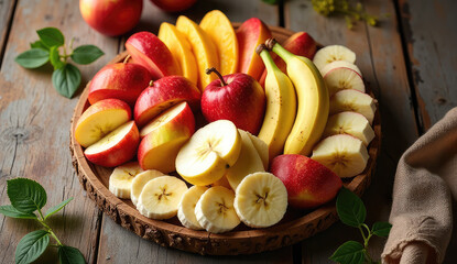 Freshly Sliced Apples and Bananas in a Wooden Bowl