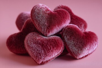 Fototapeta premium Soft plush hearts arranged on a pink background evoke feelings of love and affection for special occasions or decoration