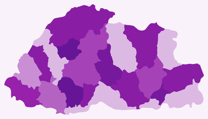 Map of Bhutan with regions. Just a simple country border map with region division. Purple color palette. Flat Kingdom of Bhutan shape with administrative division. Vector illustration.