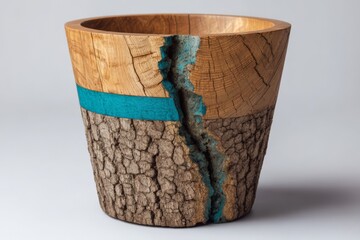 Unique handcrafted wooden planter with turquoise inlay and natural bark texture designed for home decor