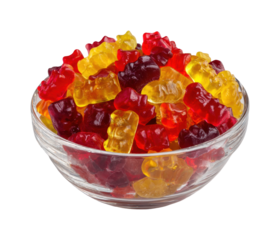 Colorful gummy bears in a bowl kitchen table food bright isolated on transparent background, png