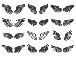 Obraz premium Variety of Angel Wings Silhouette Designs for Tattoo or Logo Inspiration and Creative Graphic Projects Collection of Artistic Wing Illustrations