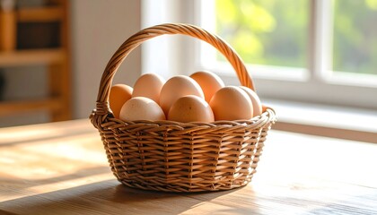 A basket filled with fresh eggs—symbolizing natural produce, simplicity, and farm-to-table living, perfect for themes related to food, agriculture, or rustic lifestyle.