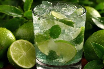 Refreshing mint and lime beverage with ice in a glass surrounded by fresh limes and mint leaves